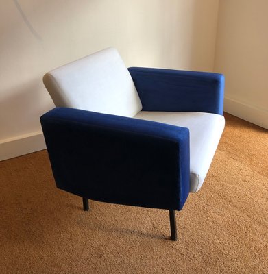 French Armchair in Blue and White Velvet, 1960s-CPD-2035829