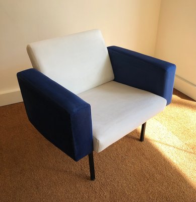 French Armchair in Blue and White Velvet, 1960s-CPD-2035829