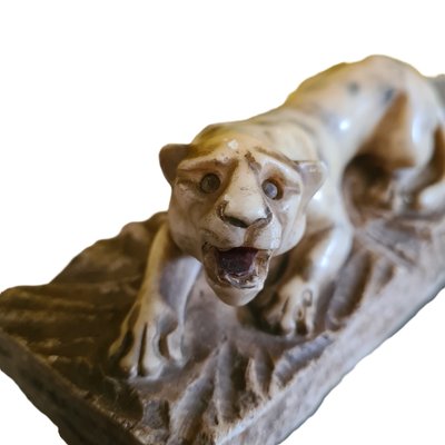 French Art Deco Alabaster Sculpture of Creeping Tiger, 1920s-VHW-2038142