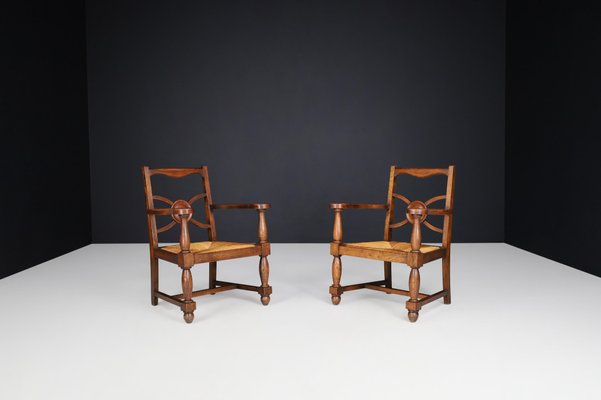 French Art Deco Armchairs in Oak and Rush, 1930s, Set of 2-TRW-1797081