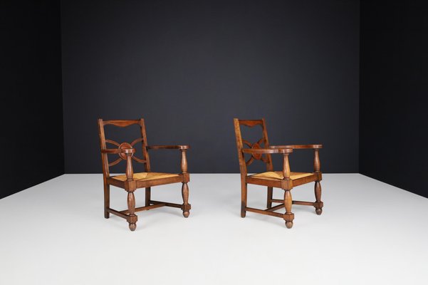 French Art Deco Armchairs in Oak and Rush, 1930s, Set of 2-TRW-1797081