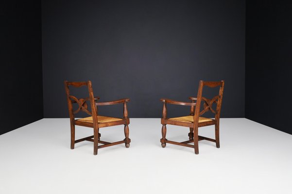 French Art Deco Armchairs in Oak and Rush, 1930s, Set of 2-TRW-1797081