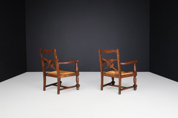 French Art Deco Armchairs in Oak and Rush, 1930s, Set of 2-TRW-1797081