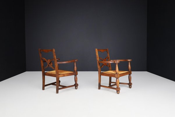 French Art Deco Armchairs in Oak and Rush, 1930s, Set of 2-TRW-1797081