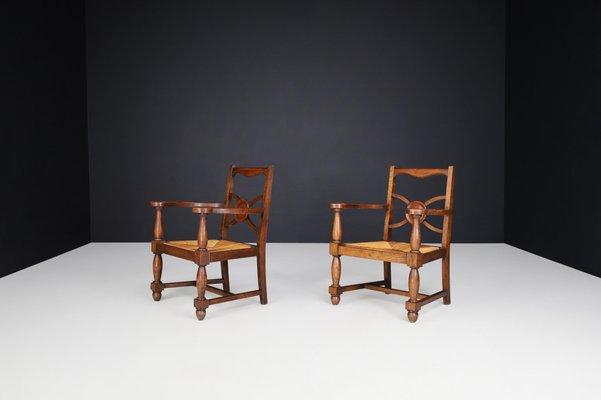 French Art Deco Armchairs in Oak and Rush, 1930s, Set of 2-TRW-1797081