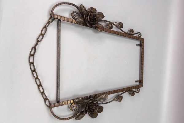 French Art Deco Beveled Wall Mirror with Wrought Iron Frame Roses, 1930s-KEG-1765769