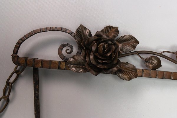 French Art Deco Beveled Wall Mirror with Wrought Iron Frame Roses, 1930s-KEG-1765769