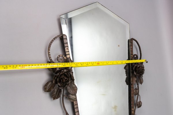 French Art Deco Beveled Wall Mirror with Wrought Iron Frame Roses, 1930s-KEG-1765769