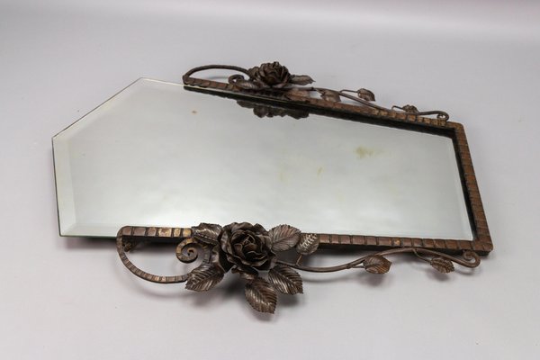 French Art Deco Beveled Wall Mirror with Wrought Iron Frame Roses, 1930s-KEG-1765769