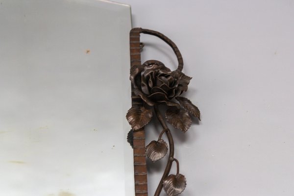 French Art Deco Beveled Wall Mirror with Wrought Iron Frame Roses, 1930s-KEG-1765769