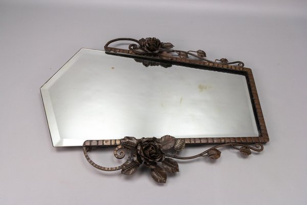 French Art Deco Beveled Wall Mirror with Wrought Iron Frame Roses, 1930s-KEG-1765769