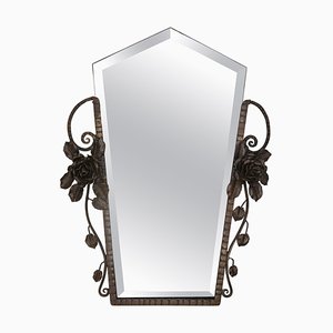 French Art Deco Beveled Wall Mirror with Wrought Iron Frame Roses, 1930s-KEG-1765769