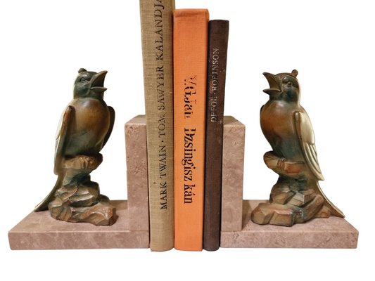 French Art Deco Bookends with Cockatoos on Marble Bases, 1920s, Set of 2-SAK-1811320