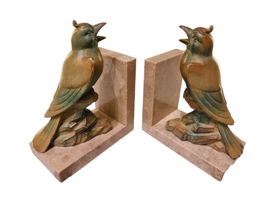 French Art Deco Bookends with Cockatoos on Marble Bases, 1920s, Set of 2-SAK-1811320