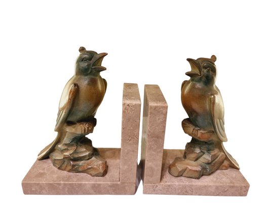 French Art Deco Bookends with Cockatoos on Marble Bases, 1920s, Set of 2-SAK-1811320