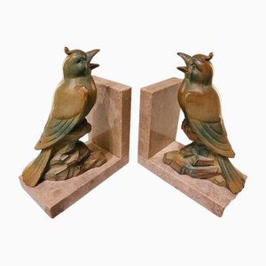 French Art Deco Bookends with Cockatoos on Marble Bases, 1920s, Set of 2-SAK-1811320