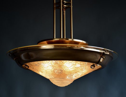 French Art Deco Brass & Glass Lalique Style Pendant Light, 1925-IEI-1396634