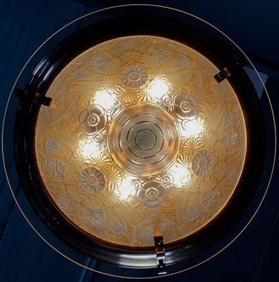 French Art Deco Brass & Glass Lalique Style Pendant Light, 1925-IEI-1396634