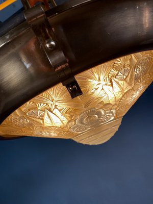 French Art Deco Brass & Glass Lalique Style Pendant Light, 1925-IEI-1396634