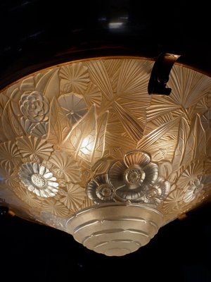 French Art Deco Brass & Glass Lalique Style Pendant Light, 1925-IEI-1396634