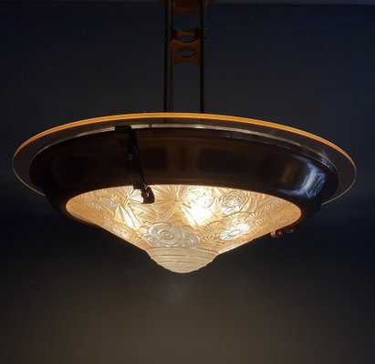 French Art Deco Brass & Glass Lalique Style Pendant Light, 1925-IEI-1396634