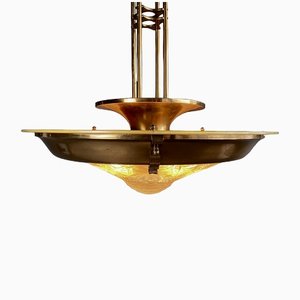 French Art Deco Brass & Glass Lalique Style Pendant Light, 1925-IEI-1396634