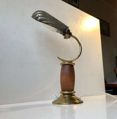 French Art Deco Brass & Oak Clamshell Table Lamp, 1930s-LCR-902722