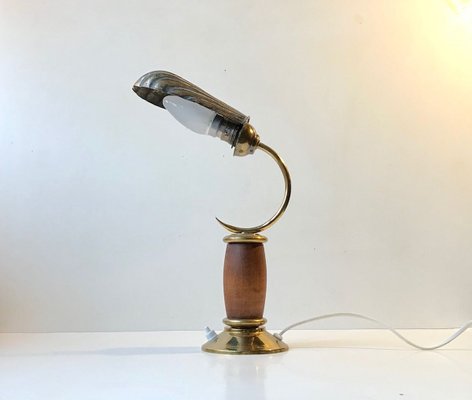 French Art Deco Brass & Oak Clamshell Table Lamp, 1930s-LCR-902722