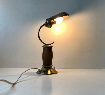 French Art Deco Brass & Oak Clamshell Table Lamp, 1930s-LCR-902722