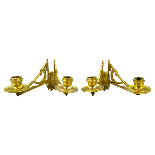 French Art Deco Brass Twin Arm Piano Candlestick Wall Lights by L. Pinet, 1930s, Set of 2