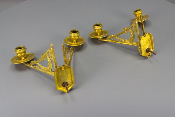 French Art Deco Brass Twin Arm Piano Candlestick Wall Lights by L. Pinet, 1930s, Set of 2-KEG-1717712