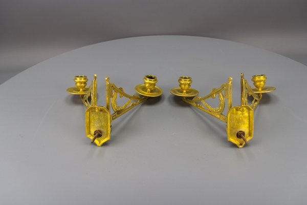 French Art Deco Brass Twin Arm Piano Candlestick Wall Lights by L. Pinet, 1930s, Set of 2-KEG-1717712