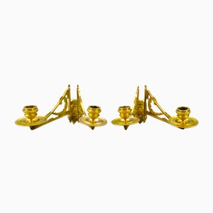 French Art Deco Brass Twin Arm Piano Candlestick Wall Lights by L. Pinet, 1930s, Set of 2-KEG-1717712