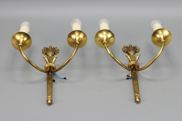 French Art Deco Brass Twin-Arm Sconces, 1930, Set of 2-KEG-1769402