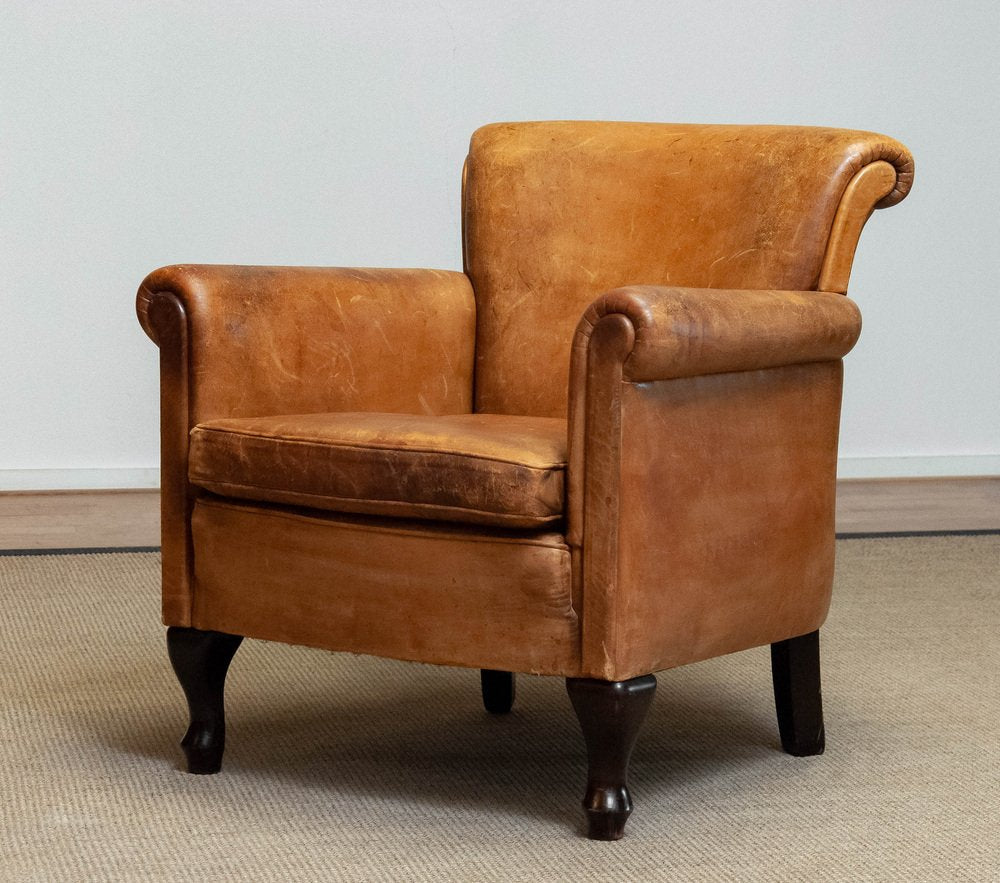 French Art Deco Brown / Tan Sheep Leather Roll Back Club Chair, 1960s