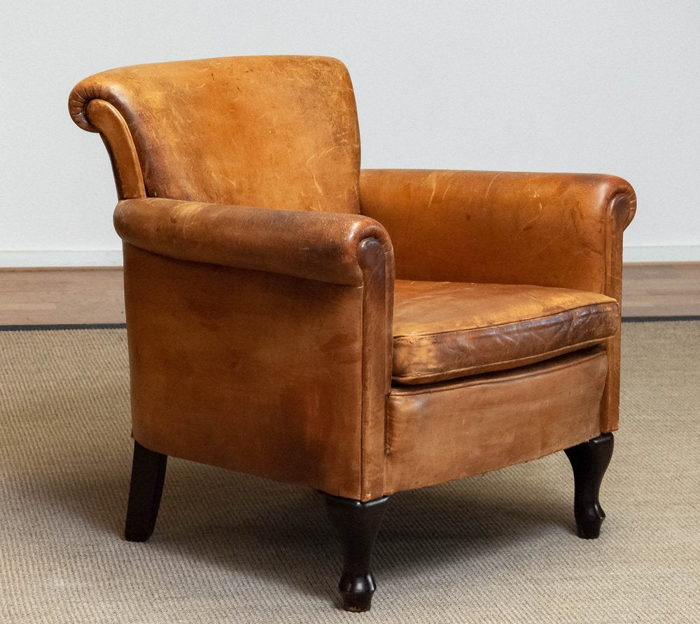 French Art Deco Brown / Tan Sheep Leather Roll Back Club Chair, 1960s