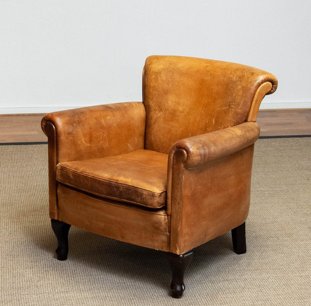 French Art Deco Brown / Tan Sheep Leather Roll Back Club Chair, 1960s