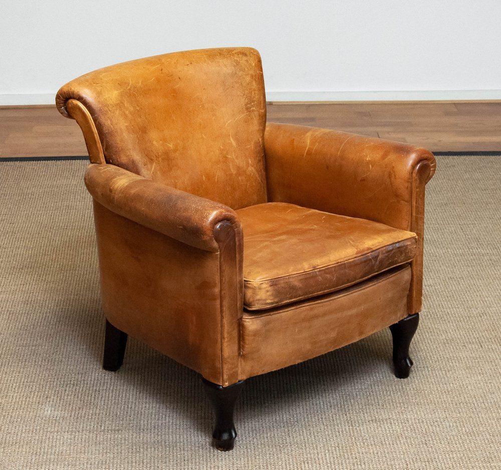 French Art Deco Brown / Tan Sheep Leather Roll Back Club Chair, 1960s