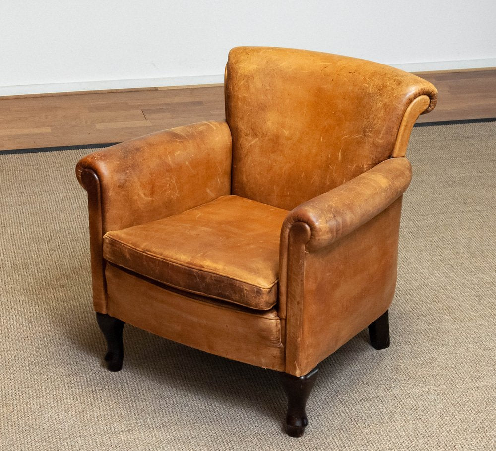 French Art Deco Brown / Tan Sheep Leather Roll Back Club Chair, 1960s