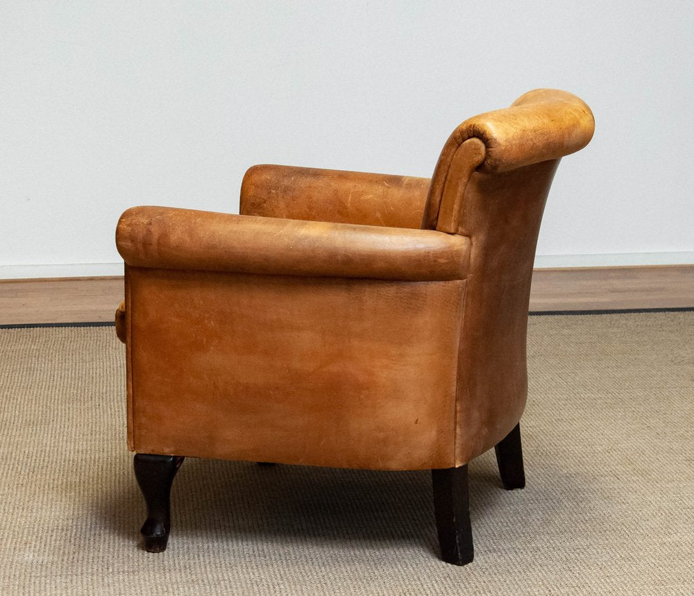 French Art Deco Brown / Tan Sheep Leather Roll Back Club Chair, 1960s