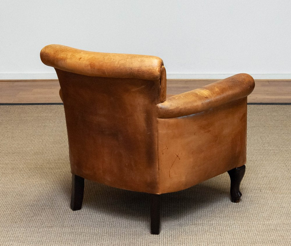 French Art Deco Brown / Tan Sheep Leather Roll Back Club Chair, 1960s