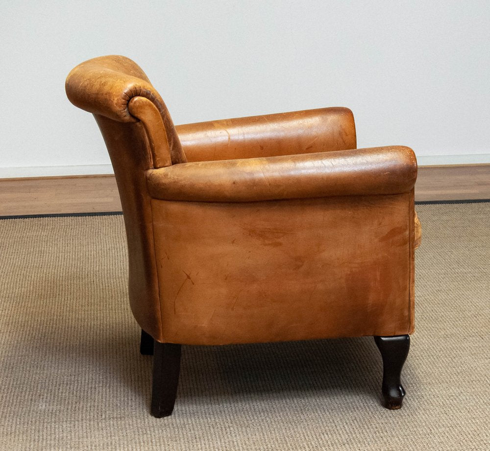 French Art Deco Brown / Tan Sheep Leather Roll Back Club Chair, 1960s