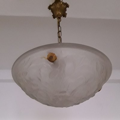 French Art Deco Ceiling Lamp with Brass Mount & Domed Glass Bowl with Floral Motif, 1930s-HOI-1047197