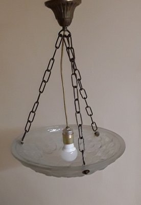 French Art Deco Ceiling Lamp with Hibiscus Patterned Glass Bowl & Brass Chain, 1930s-HOI-1409236