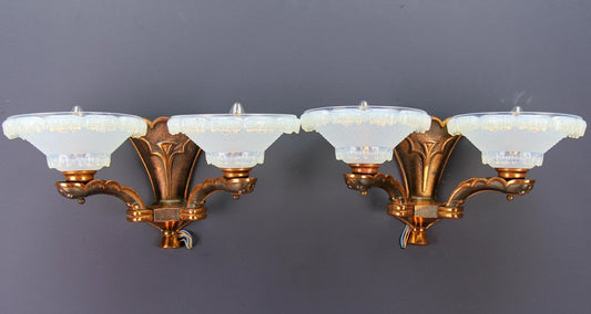 French Art Deco Copper and Opalescent Glass Sconces by Ezan, 1930s, Set of 2