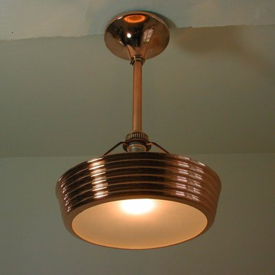 French Art Deco Copper and Satin Glass Flush Mount Pendant, 1930s-OE-897921