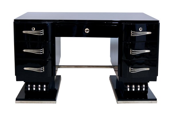 French Art Deco Desk in Black Lacquer with Nickeled Metal Applications, 1930s-CXC-1752473