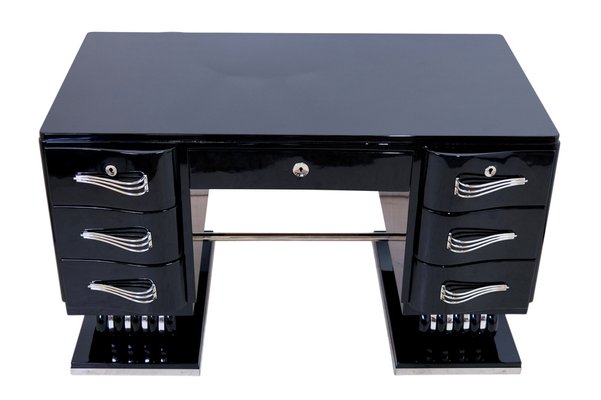 French Art Deco Desk in Black Lacquer with Nickeled Metal Applications, 1930s-CXC-1752473