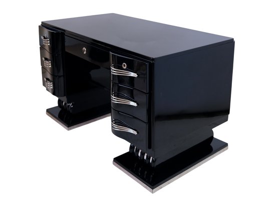 French Art Deco Desk in Black Lacquer with Nickeled Metal Applications, 1930s-CXC-1752473