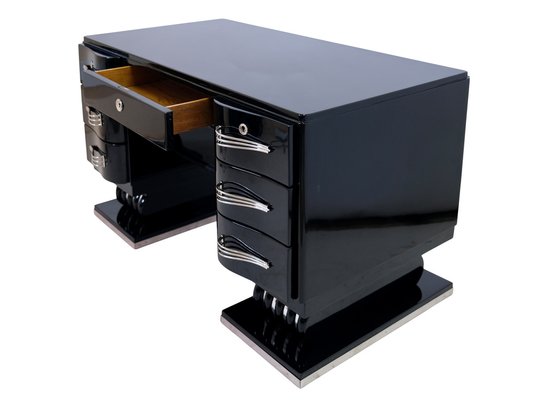 French Art Deco Desk in Black Lacquer with Nickeled Metal Applications, 1930s-CXC-1752473